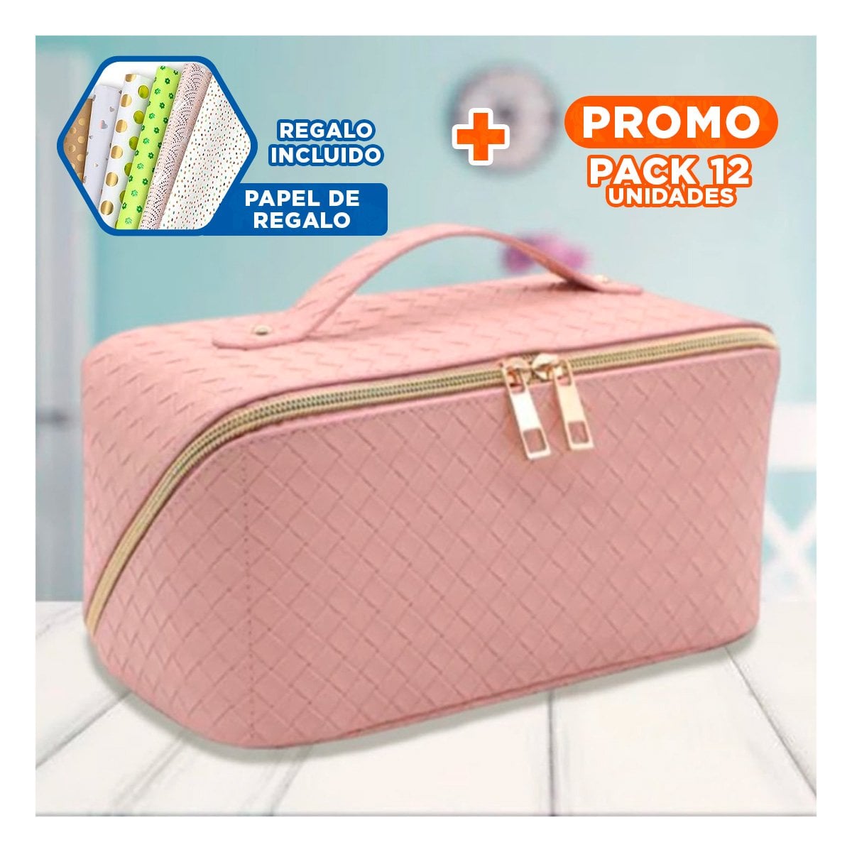 PACK12 COSMETIQUERO ROSADO COMPACTO DE CUADROS PARA USO DIARIO Y+PAPEL REGALO - 1
