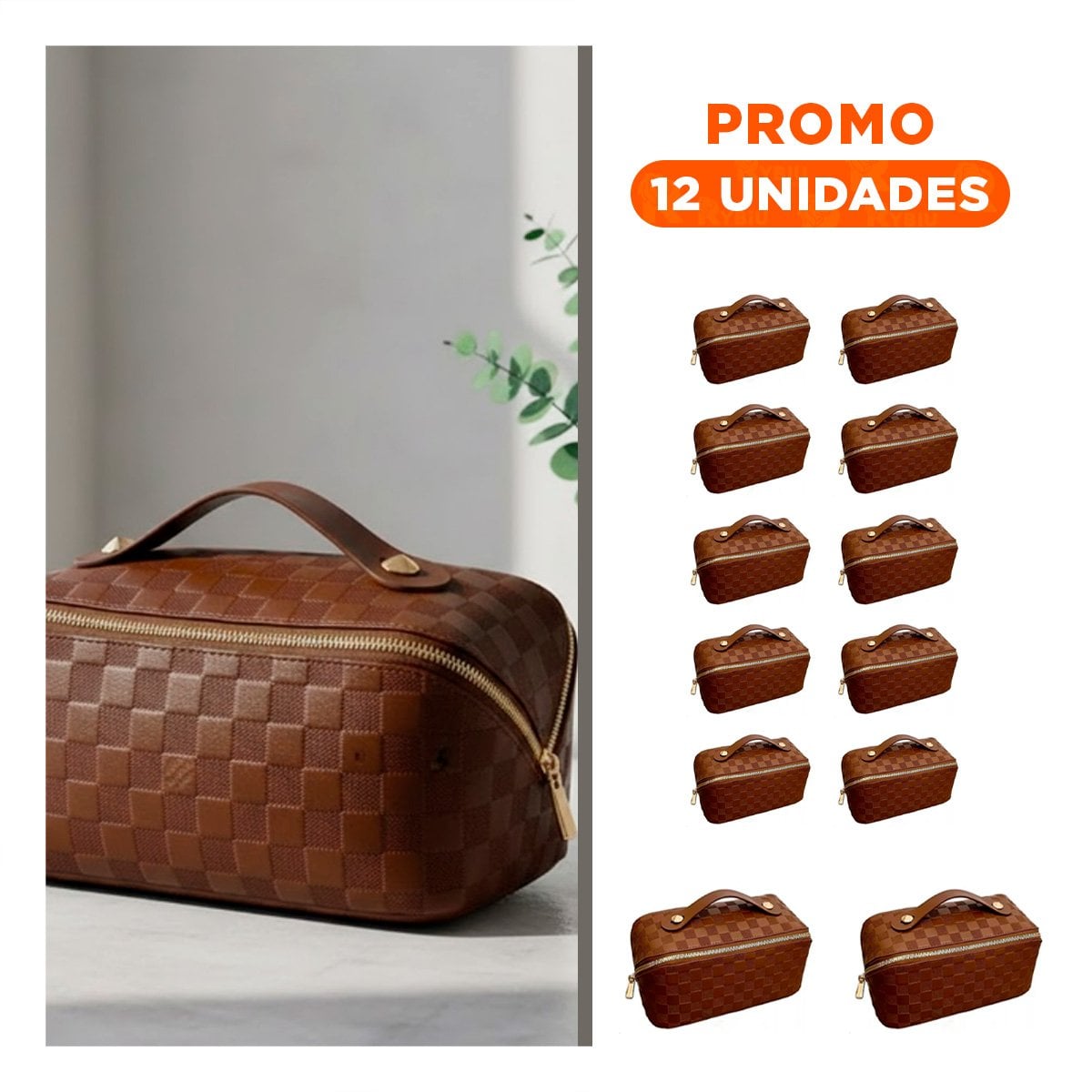 PACK12 PORTACOSMETICOS MARRON CON ESTAMPADO DE CUADROS ELEGANTE Y+REGALO STICKER - 1