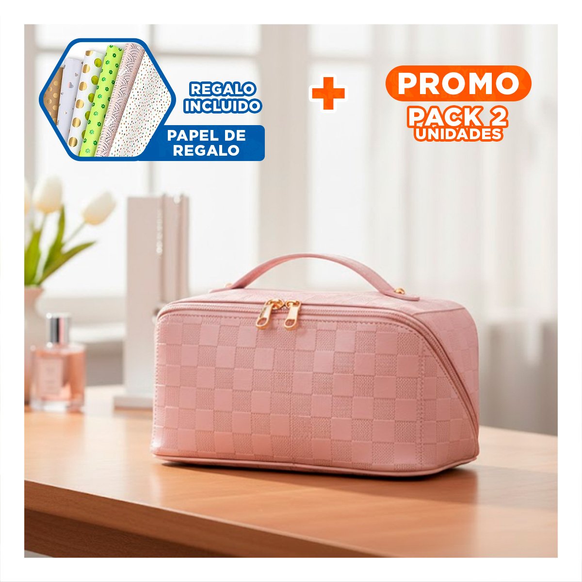 PACK2 CAJA ROSADA FUNCIONAL PARA GUARDAR MAQUILLAJE Y+PAPEL REGALO - 1
