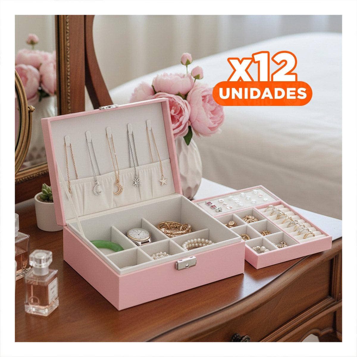 PACK12 MALETIN COMPACTO 23X17X9CM ROSADO CON COMPARTIMENTOS Y SEGURO - 1