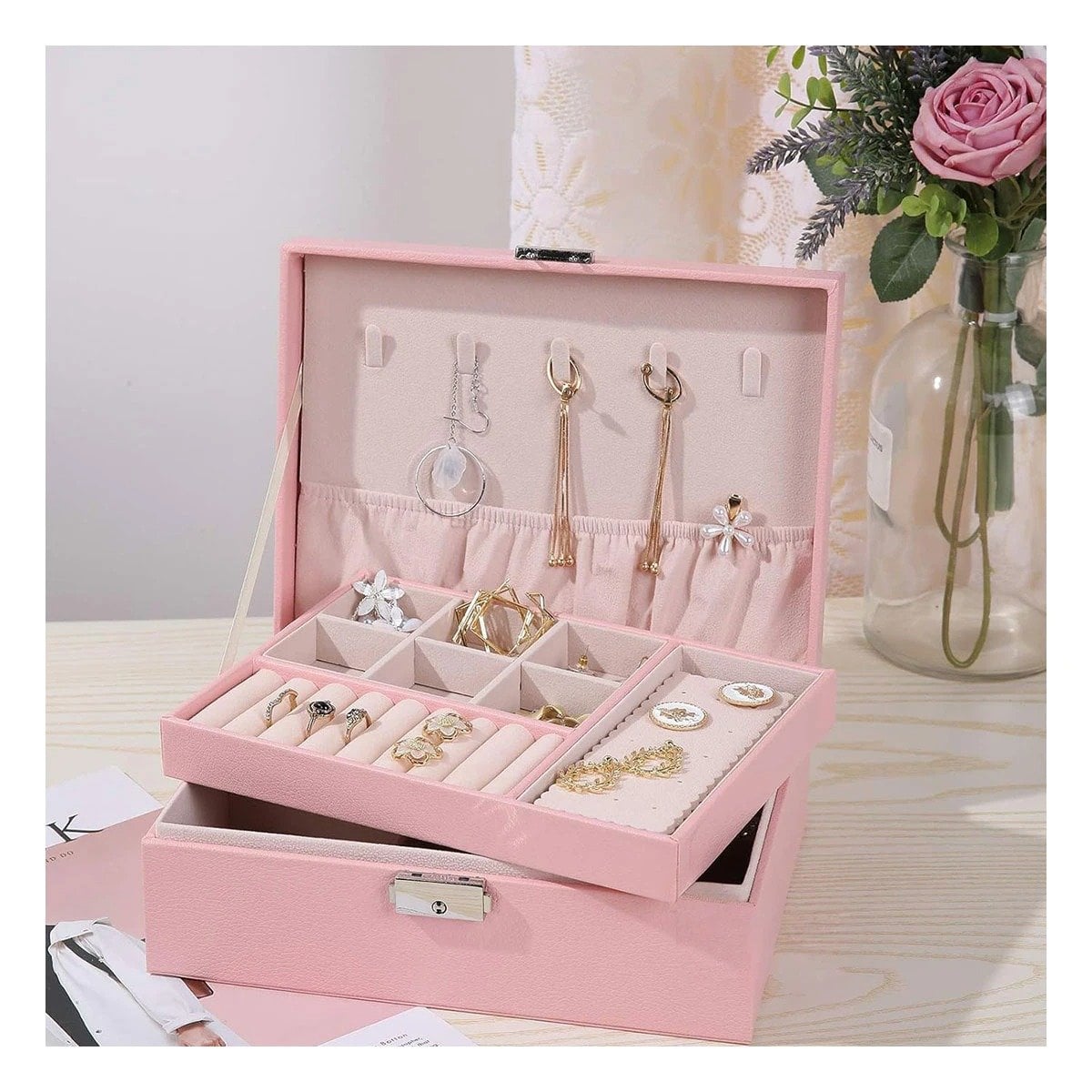 PACK12 MALETIN COMPACTO 23X17X9CM ROSADO CON COMPARTIMENTOS Y SEGURO - 3