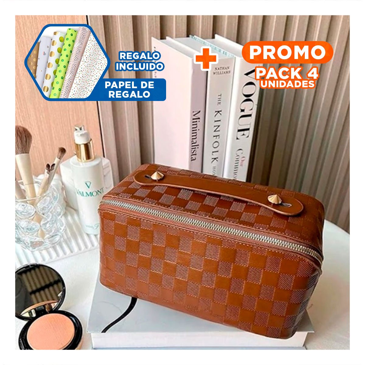 PACK4 CARTUCHERA PORTATIL MARRON PARA COSMETICOS CON ESTILO MODERNO Y+PAPEL REGALO - 1
