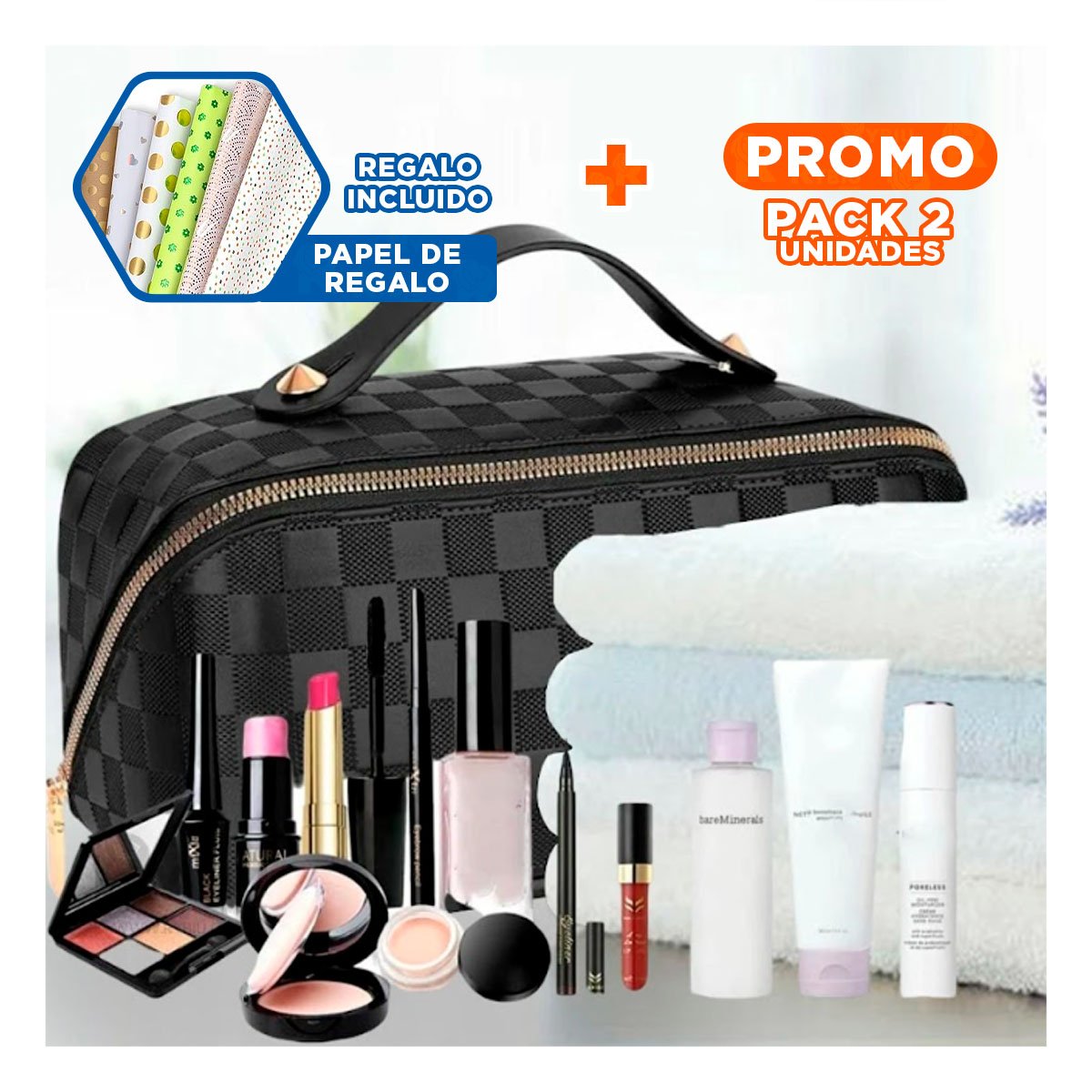 PACK2 NECESER NEGRO MINIMALISTA PARA GUARDAR MAQUILLAJE Y+PAPEL REGALO - 1