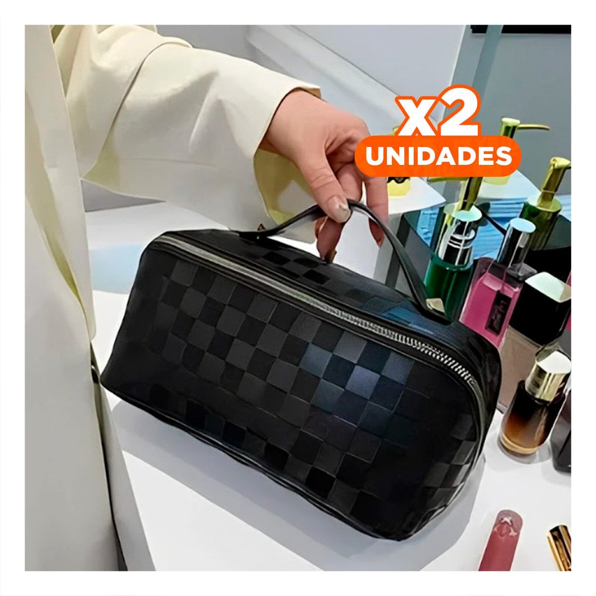 PACK2 NECESER FUNCIONAL NEGRO CON ESTAMPADO DE CUADROS Y+REGALO STICKER - 1