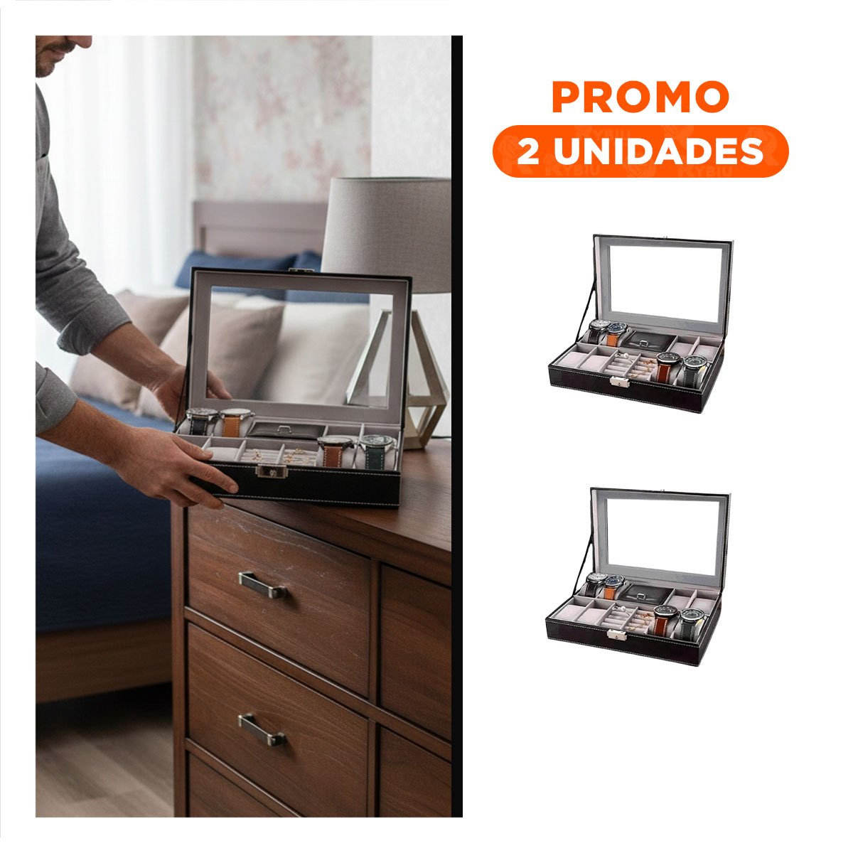 PACK2 COFRE PORTA JOYAS NEGRO CON ESPACIO PARA 8 RELOJES - 1