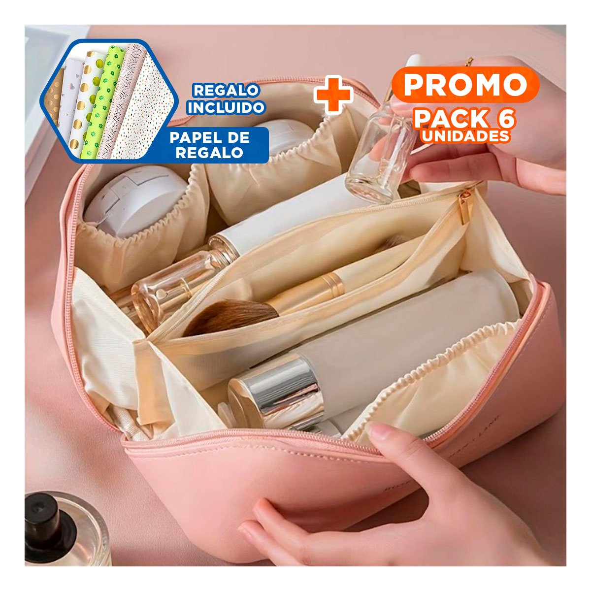 PACK6 ESTUCHE ROSADO PRACTICO PARA COSMETICOS Y VIAJE Y+PAPEL REGALO - 1
