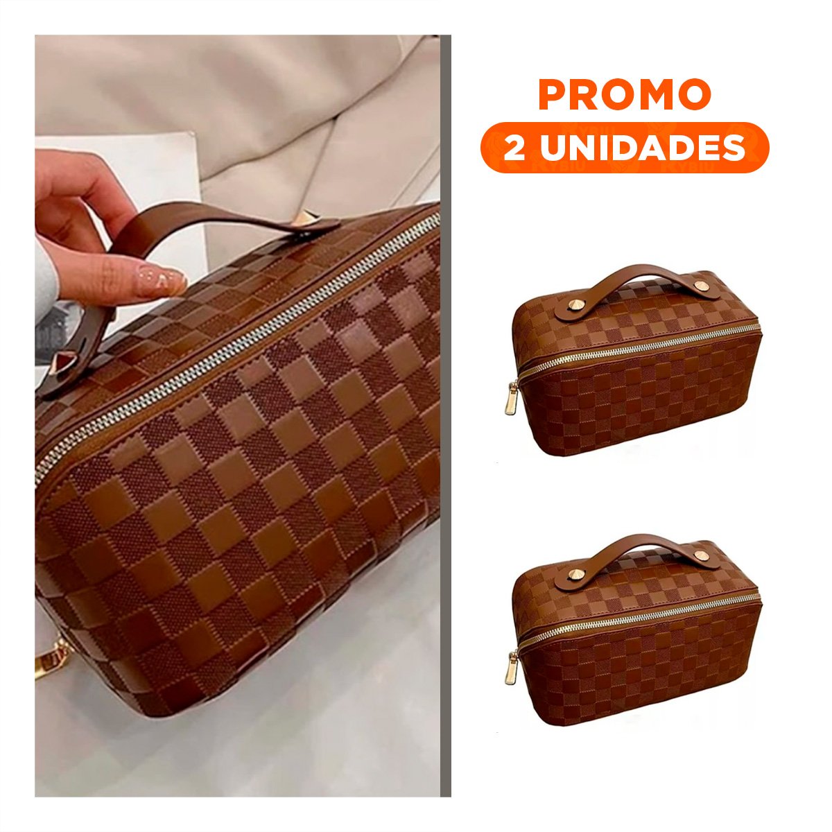 PACK2 NECESER COMPACTO MARRON DE CUADROS PARA USO DIARIO - 1