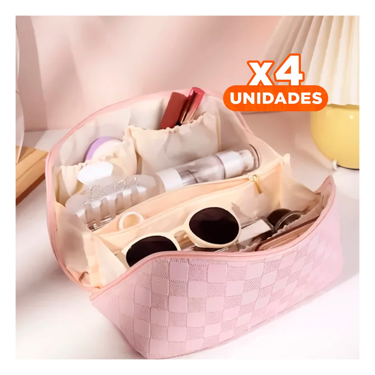 PACK4 ESTUCHE ORGANIZADOR ROSADO CON DISENO DE CUADROS MINIMALISTA - 1