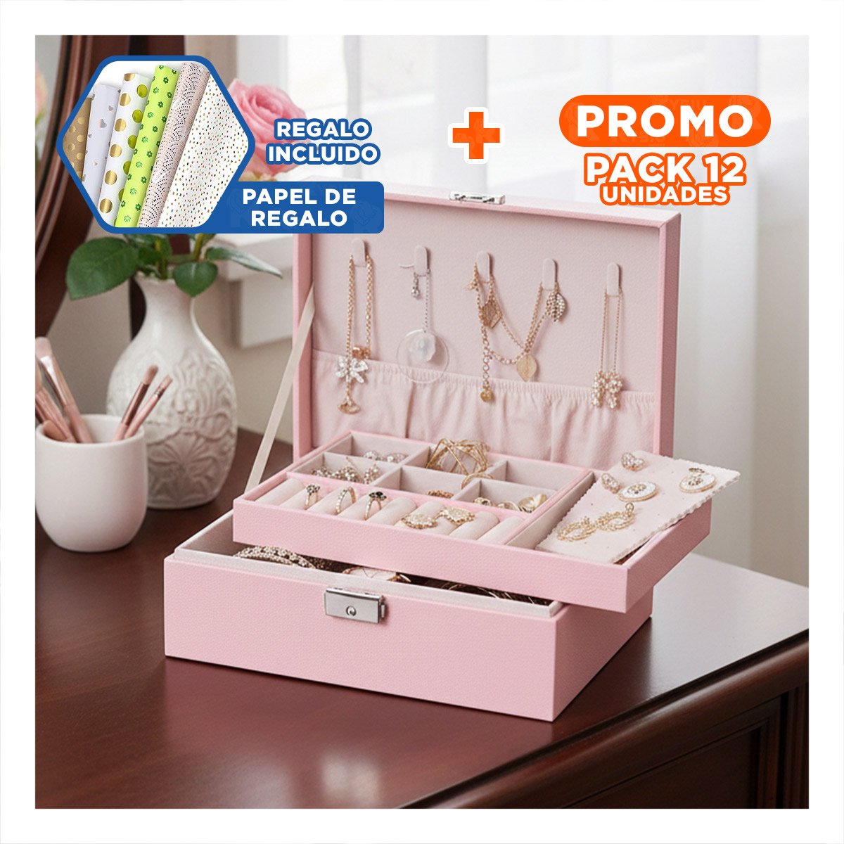 PACK12 MALETIN ELEGANTE 23X17X9CM ROSADO 2 PISOS PARA JOYAS Y+PAPEL REGALO - 1