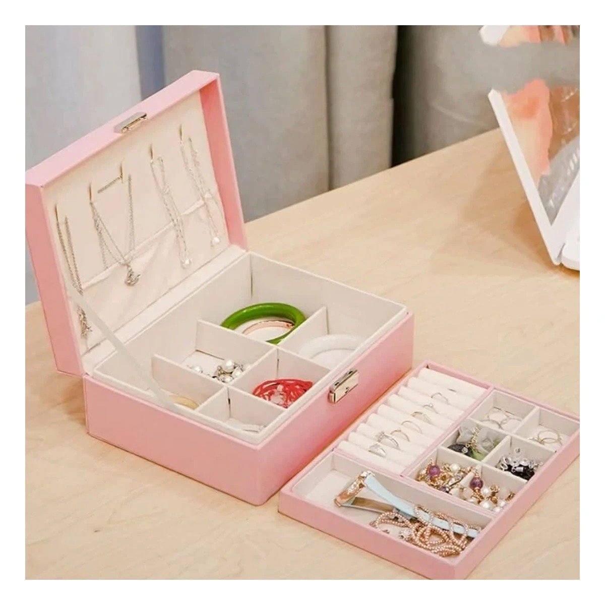 PACK12 MALETIN ELEGANTE 23X17X9CM ROSADO 2 PISOS PARA JOYAS Y+PAPEL REGALO - 5