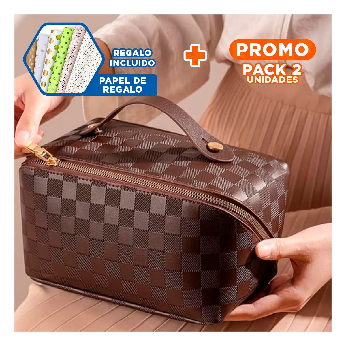 PACK2 NECESER MARRON MINIMALISTA PARA GUARDAR MAQUILLAJE Y+PAPEL REGALO - 1