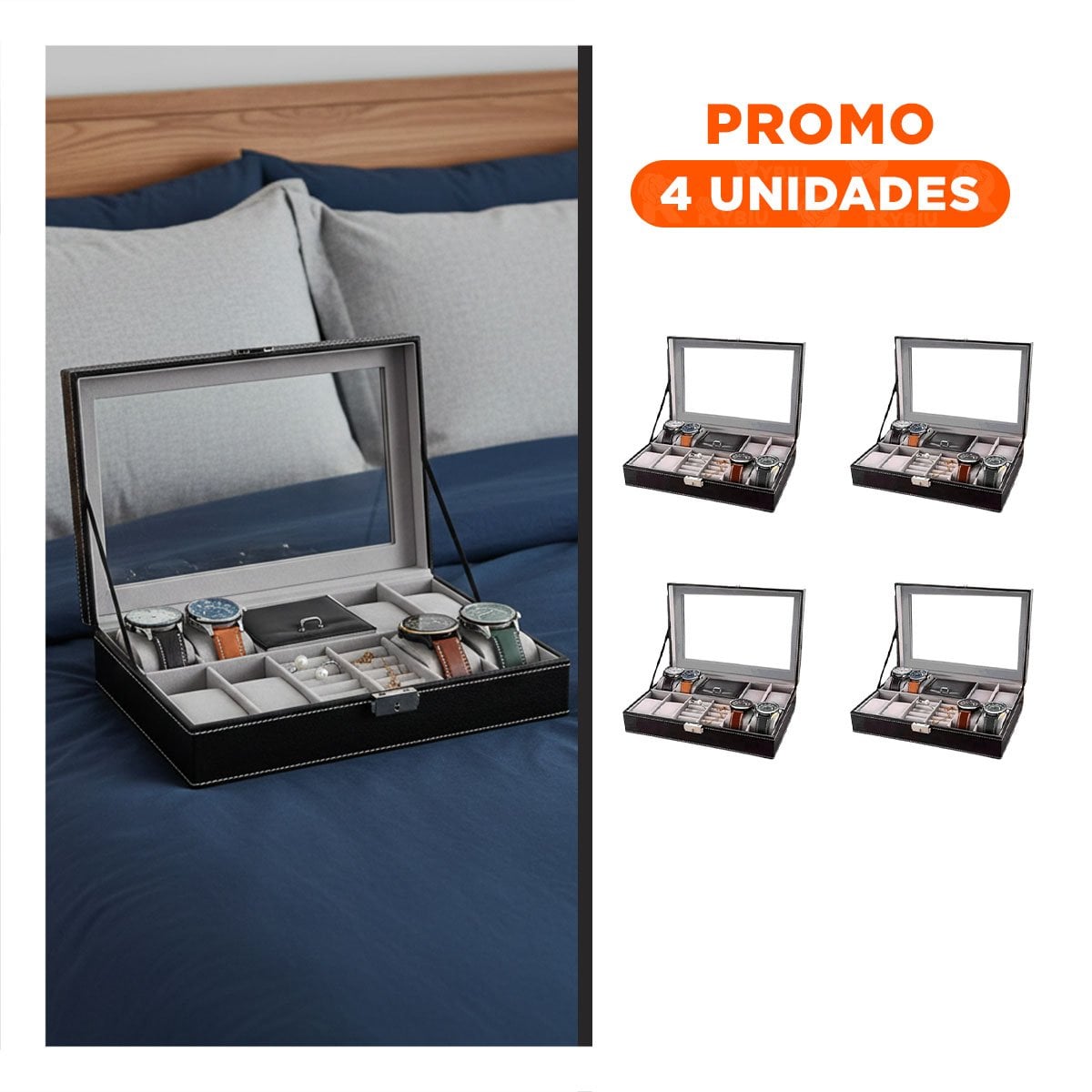 PACK4 VITRINA COMPACTA PARA 8 RELOJES PULSERAS Y ANILLOS Y+REGALO STICKER - 1