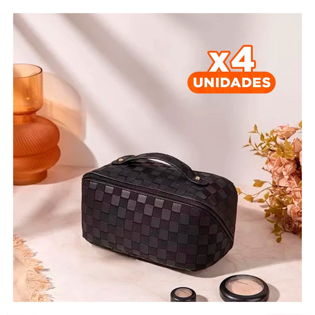PACK4 CARTUCHERA NEGRA DE MAQUILLAJE CON DISEÑO DE CUADROS MINIMALISTA - 1