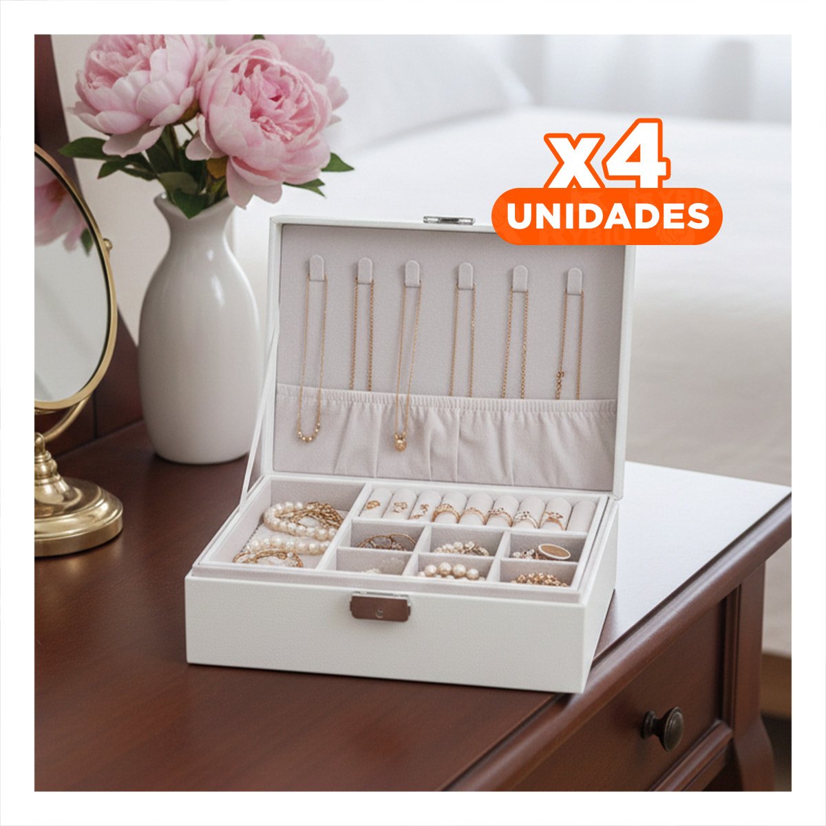 PACK4 PORTA JOYAS 23X17X9 CM BLANCO 2 NIVELES DOBLE CAPA CON LLAVE - 1