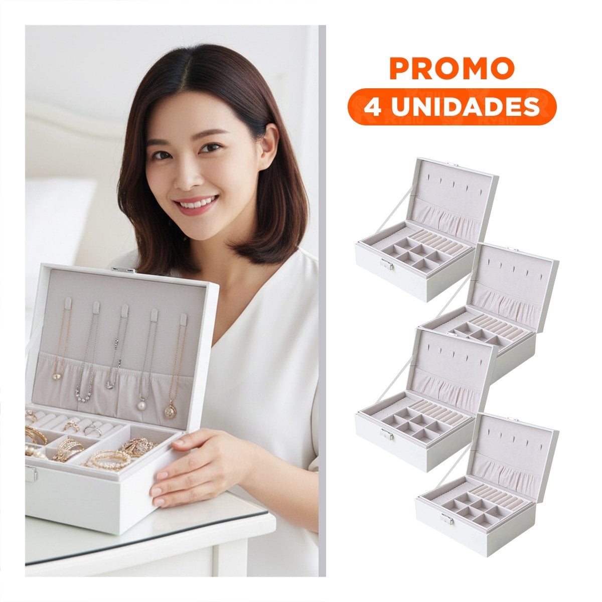 PACK4 PORTA JOYAS ELEGANTE 23X17X9 CM BLANCO 2 PISOS PARA ACCESORIOS Y+REGALO STICKER - 1