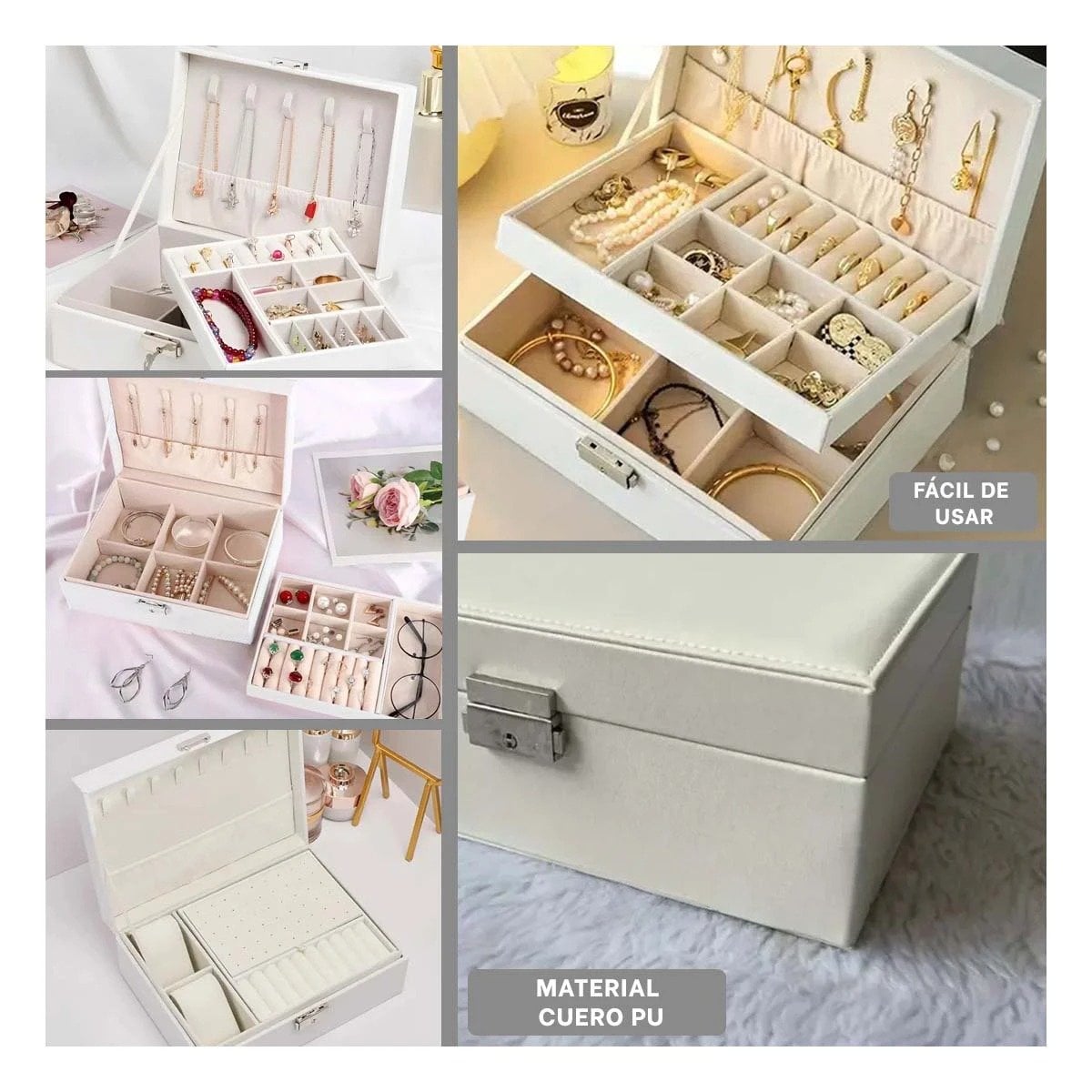 PACK4 PORTA JOYAS ELEGANTE 23X17X9 CM BLANCO 2 PISOS PARA ACCESORIOS Y+REGALO STICKER - 2