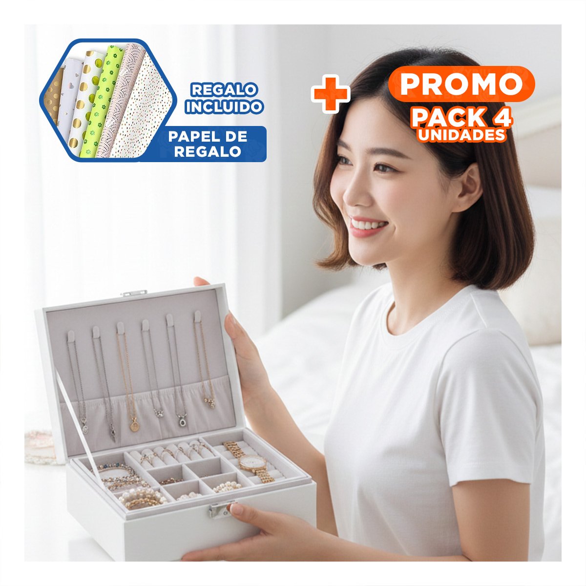 PACK4 PORTA JOYAS COMPACTO 23X17X9 CM BLANCO CON SEGURO Y DIVISIONES Y+PAPEL REGALO - 1