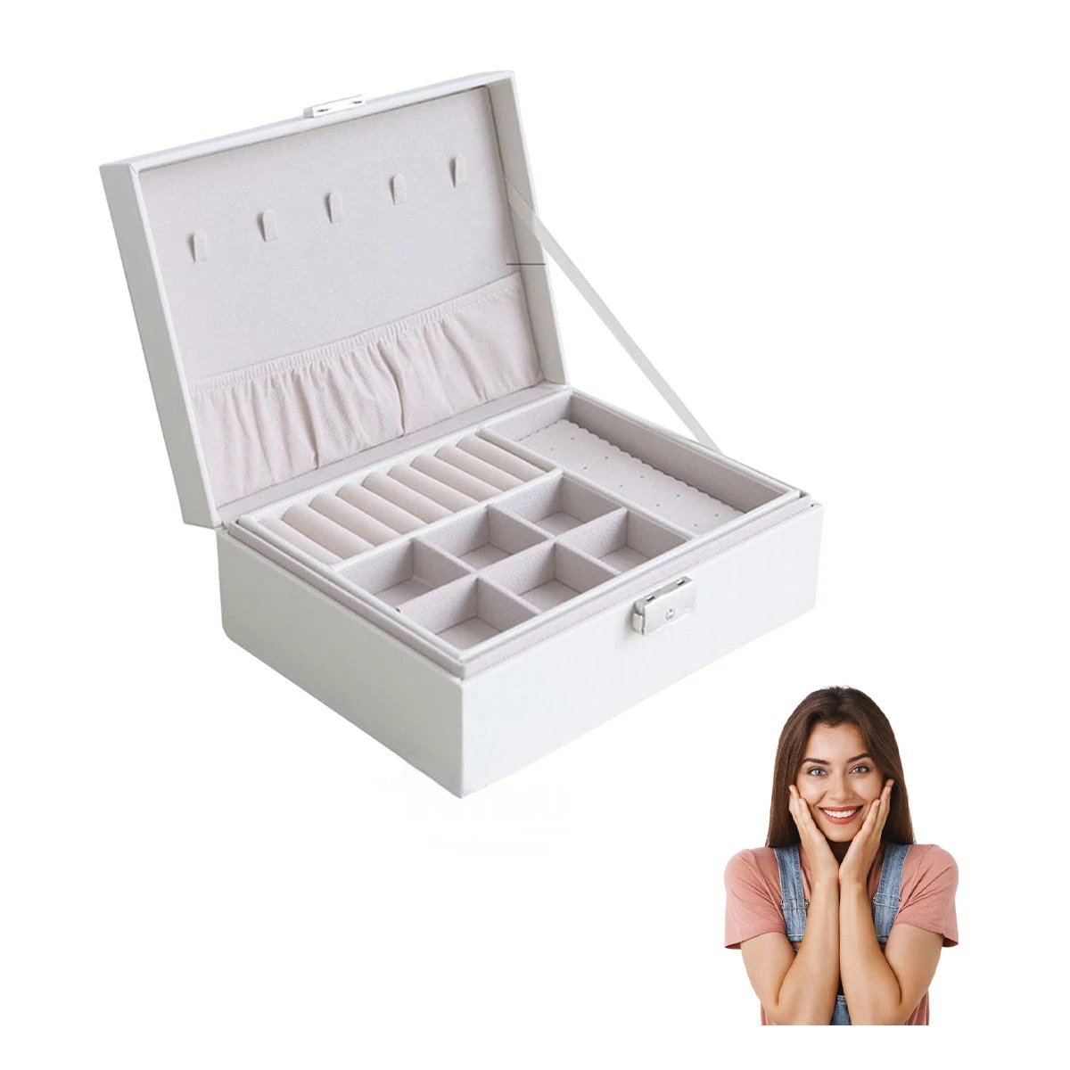PACK4 PORTA JOYAS COMPACTO 23X17X9 CM BLANCO CON SEGURO Y DIVISIONES Y+PAPEL REGALO - 3