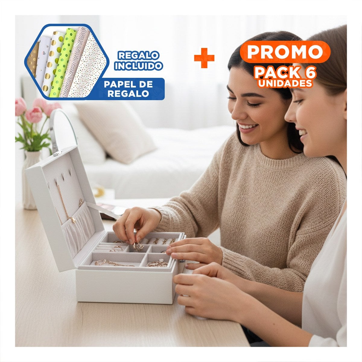 PACK6 PORTA JOYAS PRACTICO 23X17X9 CM BLANCO DOBLE CAPA CON LLAVE Y+PAPEL REGALO - 1