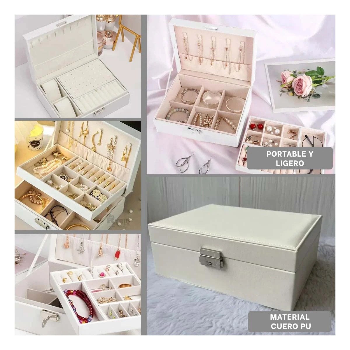 PACK6 PORTA JOYAS PRACTICO 23X17X9 CM BLANCO DOBLE CAPA CON LLAVE Y+PAPEL REGALO - 3