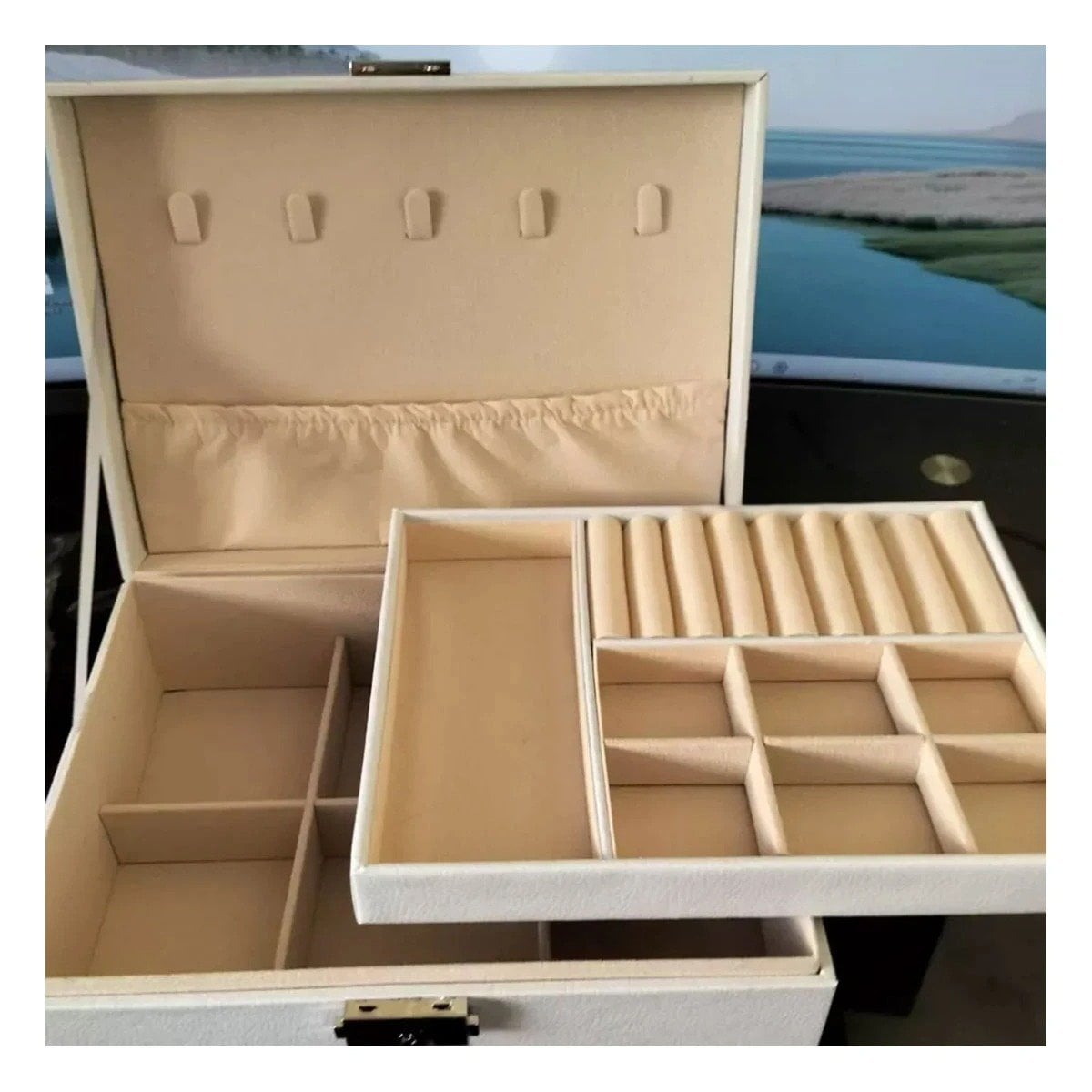 PACK6 PORTA JOYAS PRACTICO 23X17X9 CM BLANCO DOBLE CAPA CON LLAVE Y+PAPEL REGALO - 5