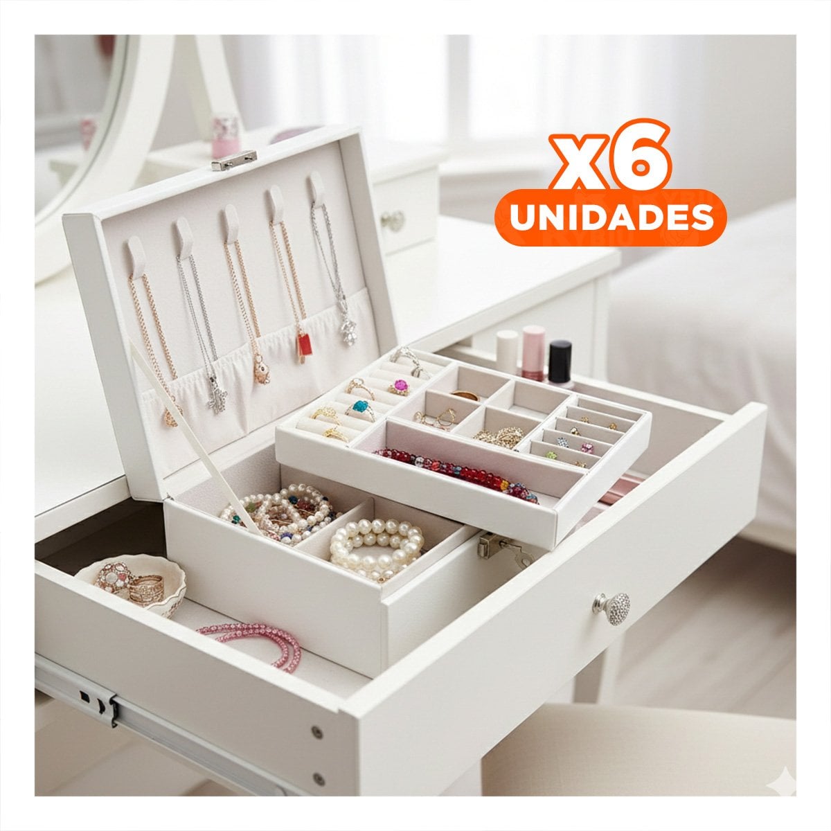 PACK6 MALETIN 23X17X9 CM BLANCO PARA JOYAS 2 NIVELES DOBLE CAPA CON LLAVE Y+REGALO STICKER - 1