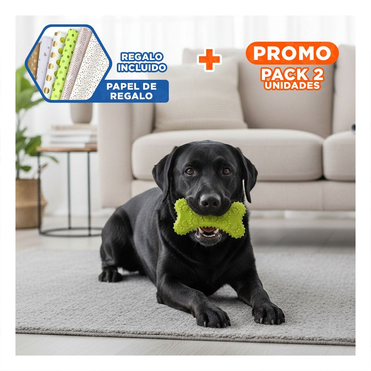 PACK2 JUGUETE LIGERO HUESO PEQUENO EN TONO VERDE LIMON QUE OPTIMIZA RINCONES Y+PAPEL REGALO - 1
