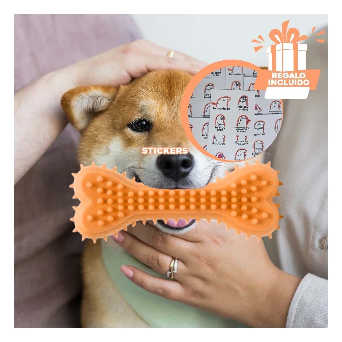 MORDEDOR HUESO CON PUAS EN COLOR NARANJA PARA MOVIMIENTO Y ENTRETENIMIENTO Y+REGALO STICKER - 1