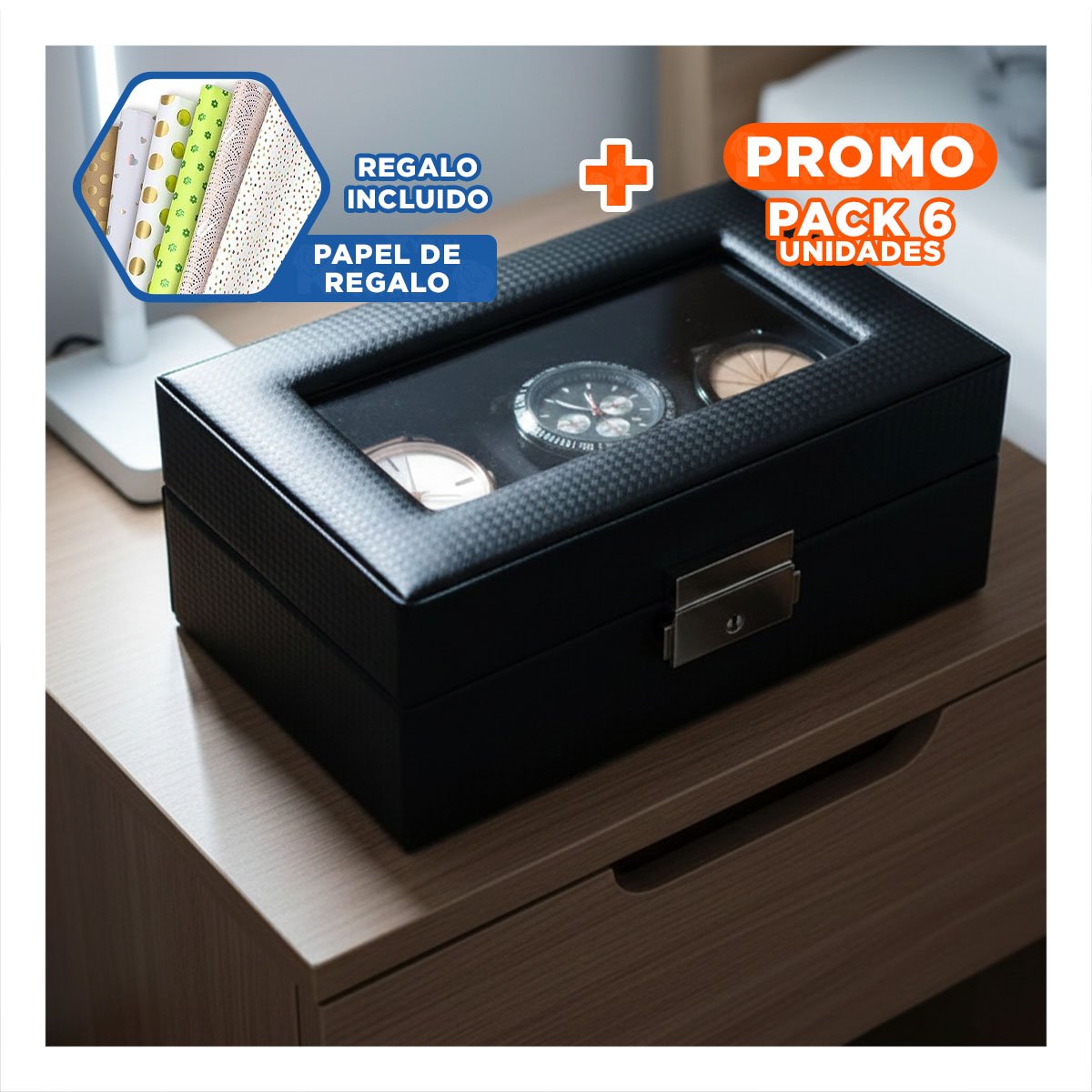 PACK6 ORGANIZADOR ELEGANTE PARA 3 RELOJES CON ACABADO FINO COMPLETO Y+PAPEL REGALO - 1