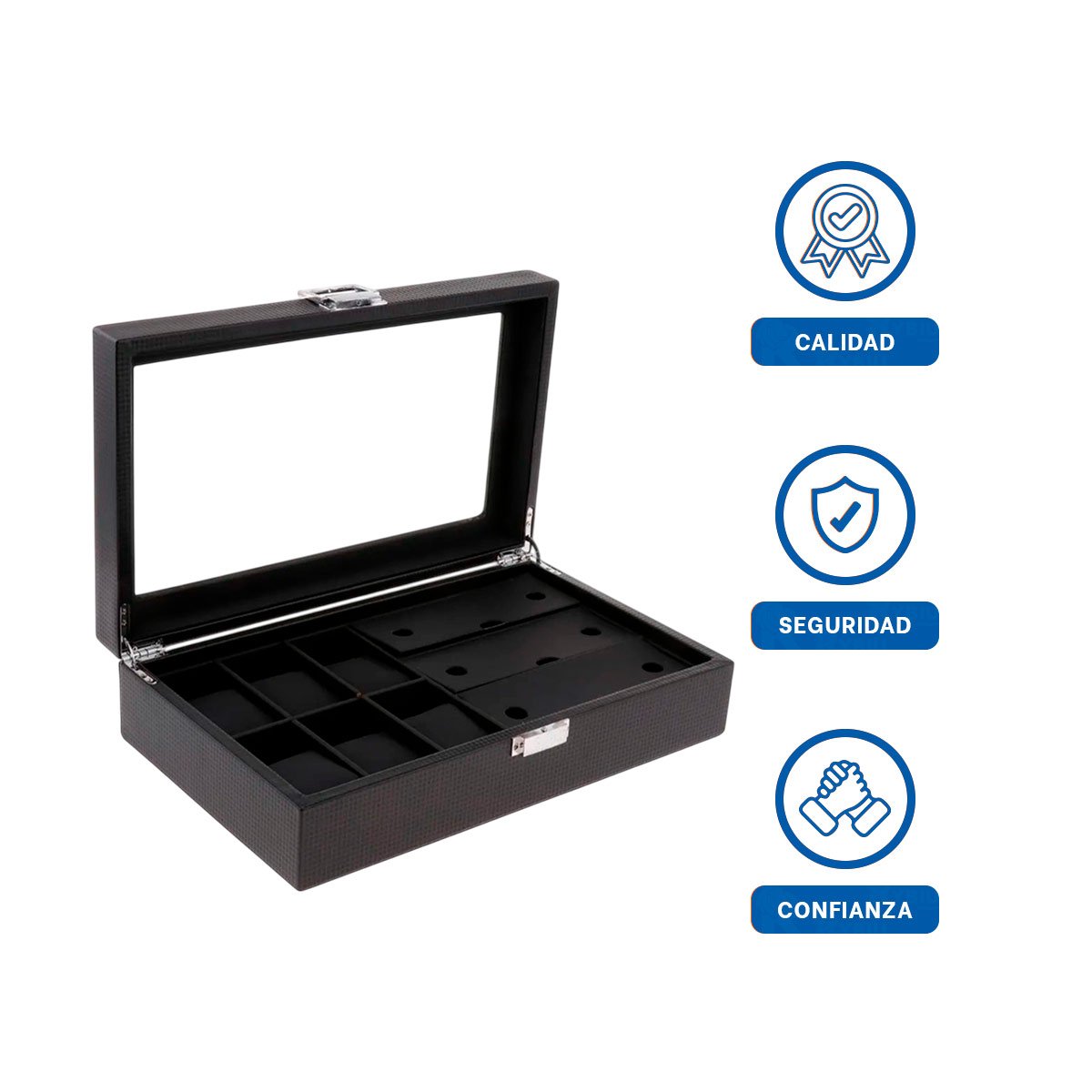 ORGANIZADOR PORTA 6 RELOJES Y 3 LENTES NEGRO COMPLETO CON COMPARTIMENTOS - 3