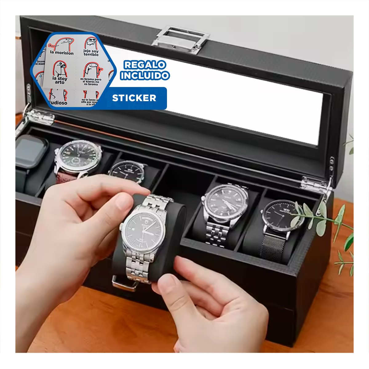 ESTUCHE PARA 6 RELOJES Y ACCESORIOS NEGRO 2 NIVELES COMPLETO Y+REGALO STICKER - 1