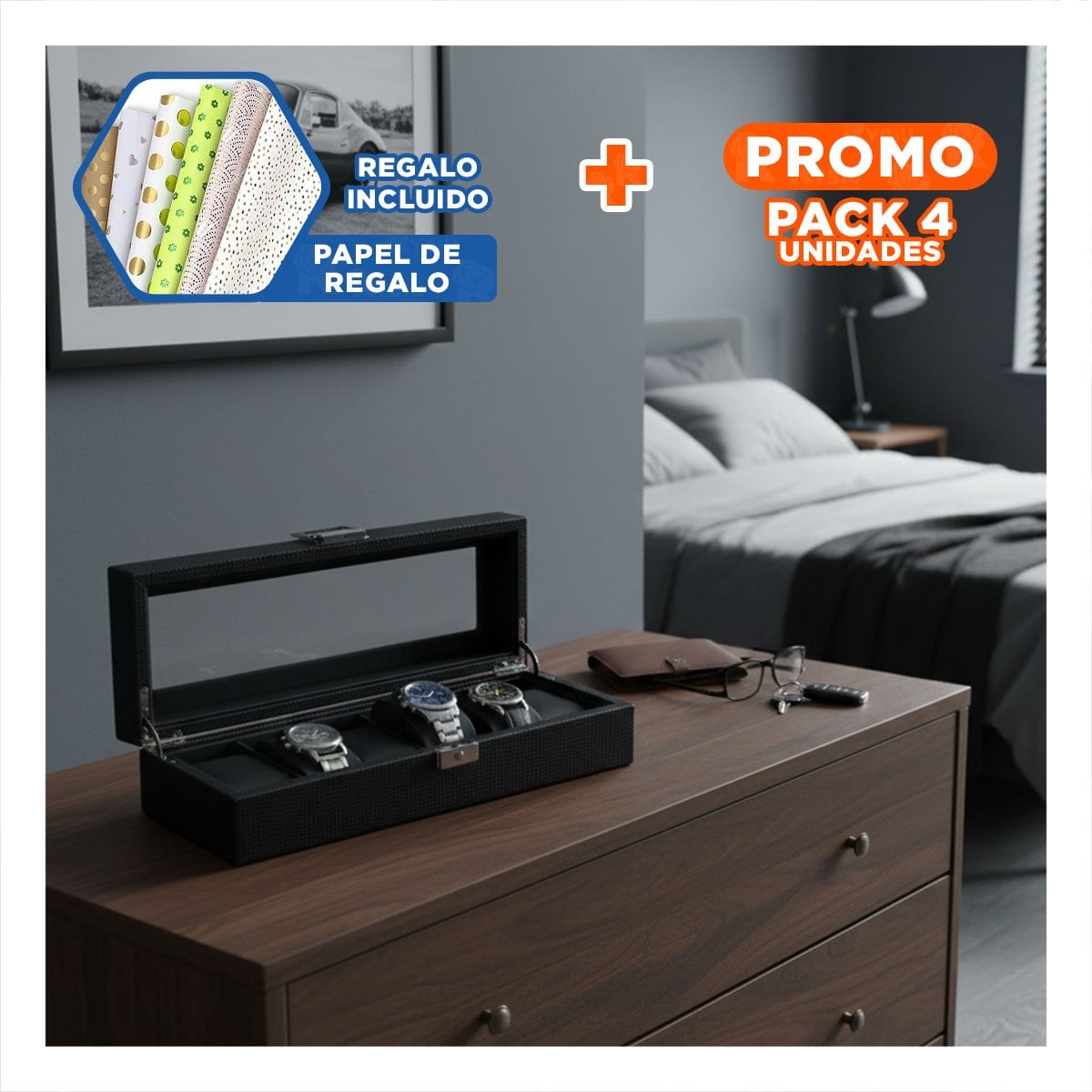 PACK4 CAJA COMPACTA NEGRO PARA 6 RELOJES COMPLETO Y+PAPEL REGALO - 1