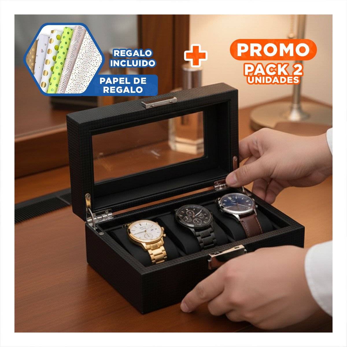 PACK2 EXHIBIDOR COMPACTO PARA 3 RELOJES DE USO DIARIO COMPLETO Y+PAPEL REGALO - 1