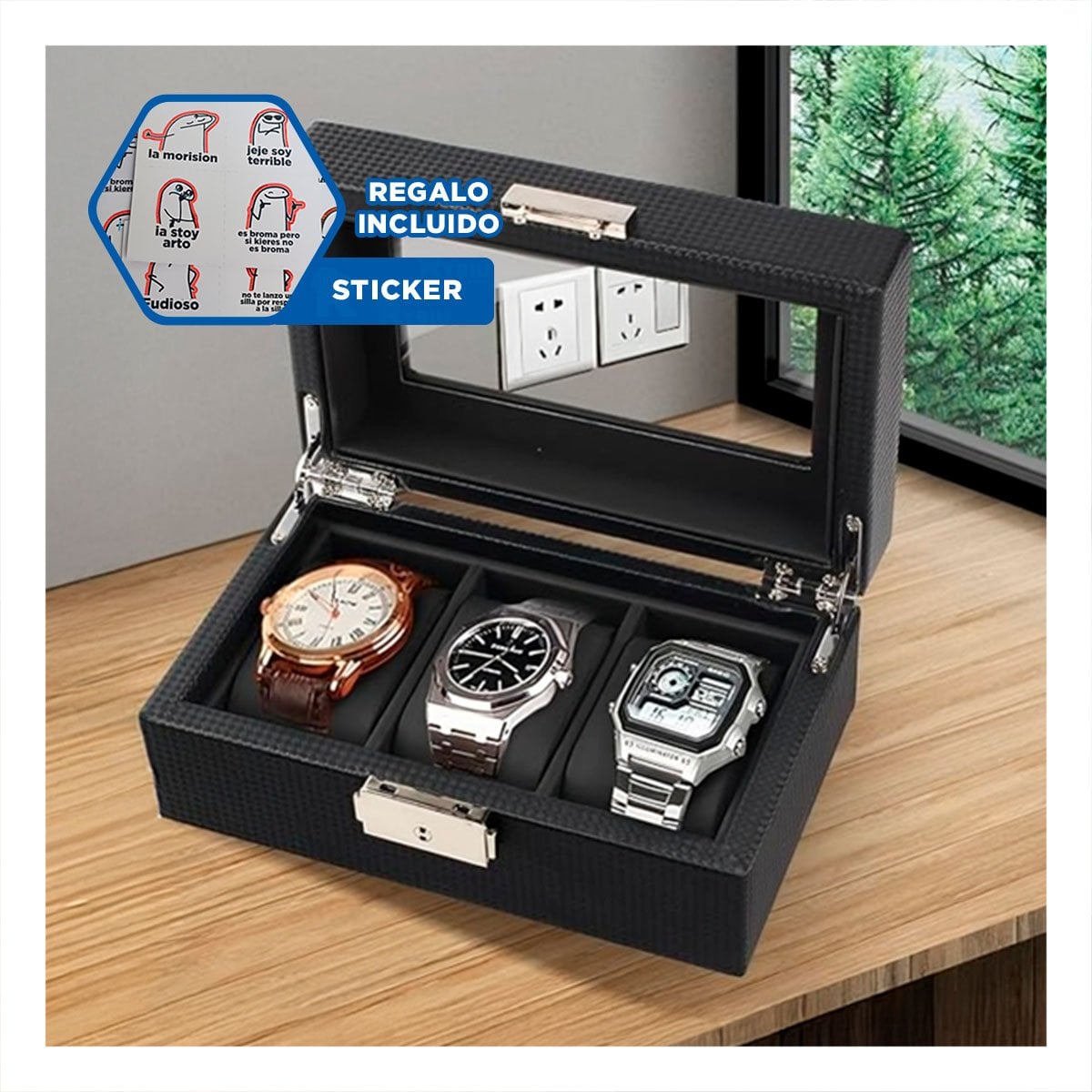 CONTENEDOR PORTA RELOJES CON 3 PIEZAS Y TAPA VISIBLE COMPLETO Y+REGALO STICKER - 1