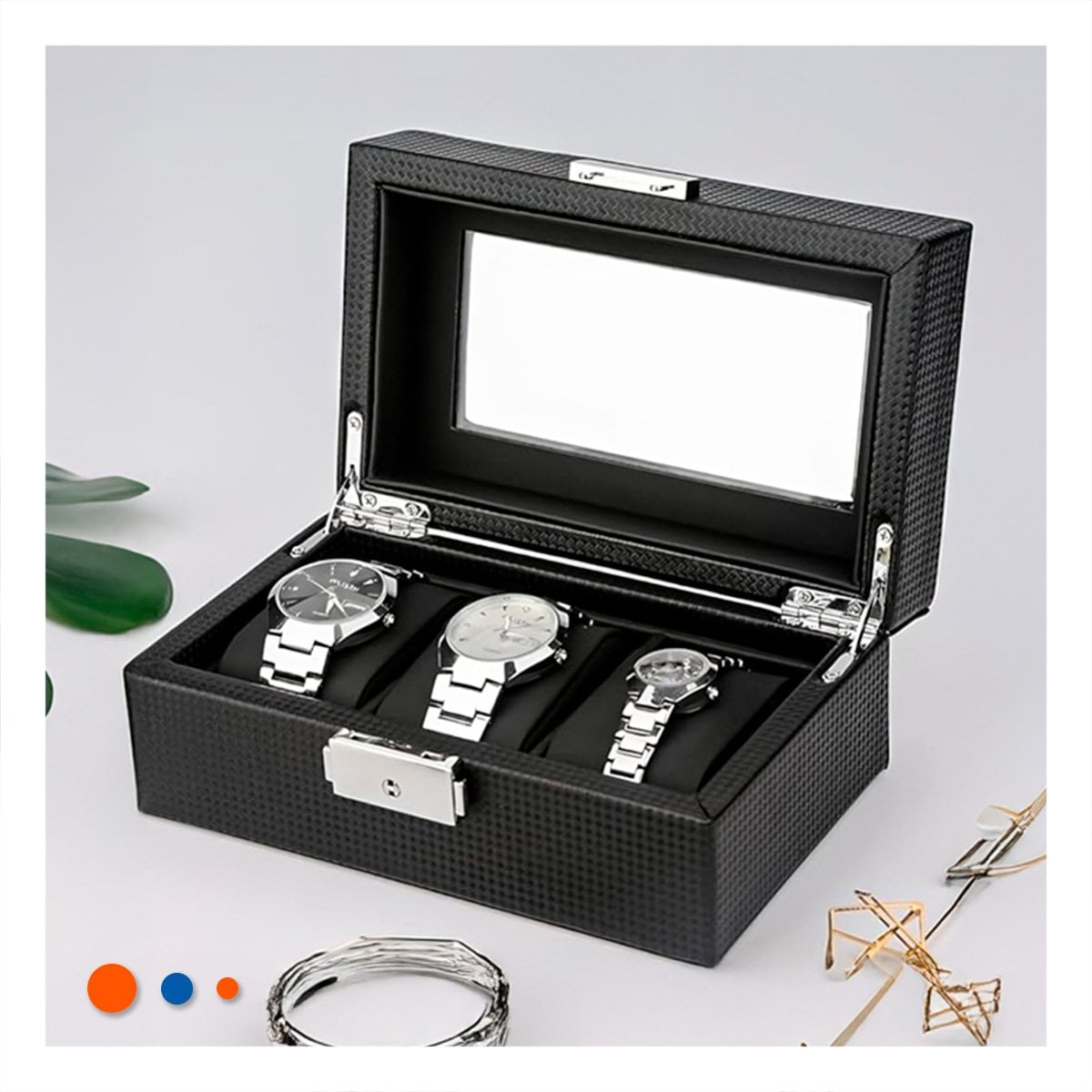 CONTENEDOR PORTA RELOJES CON 3 PIEZAS Y TAPA VISIBLE COMPLETO Y+REGALO STICKER - 2