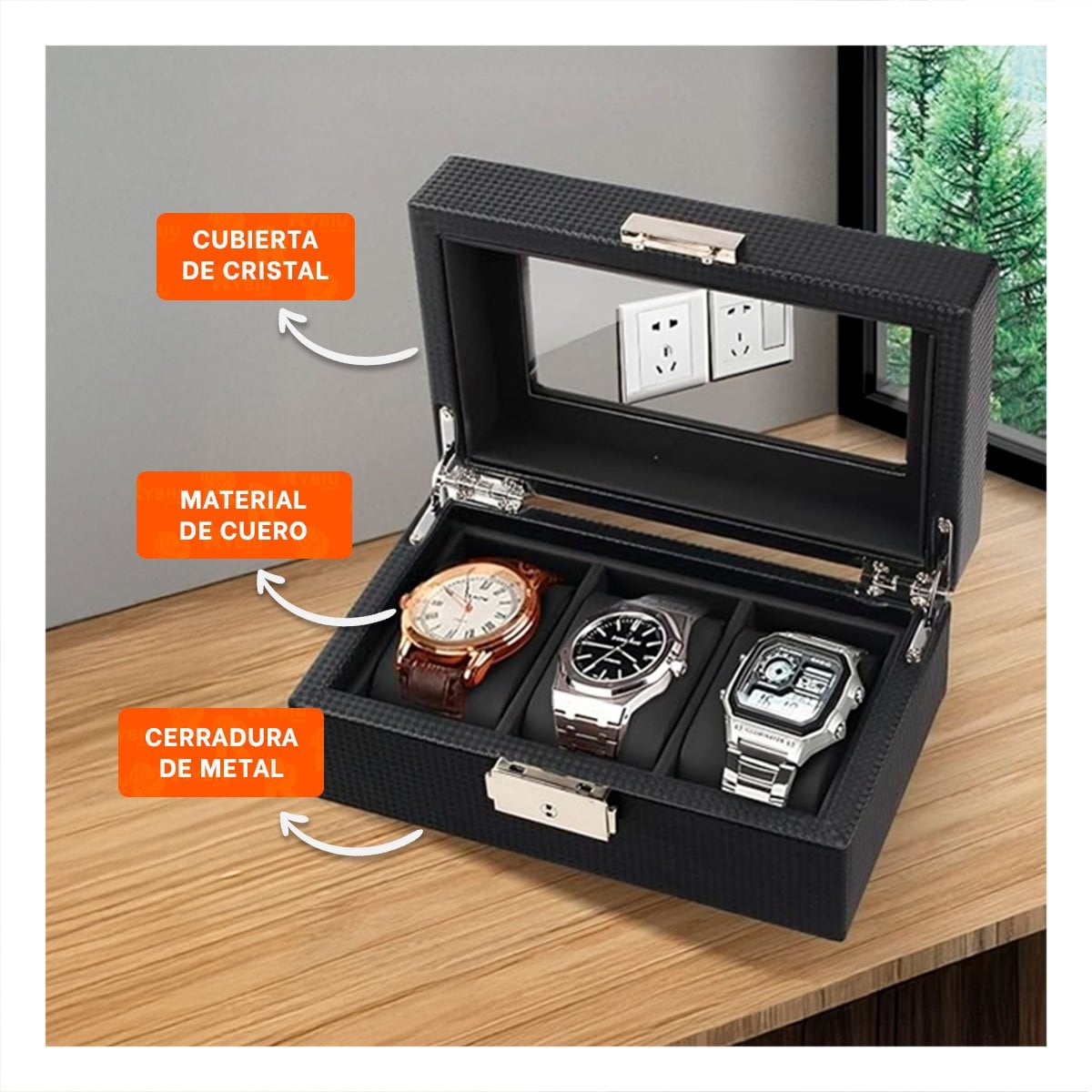 CONTENEDOR PORTA RELOJES CON 3 PIEZAS Y TAPA VISIBLE COMPLETO Y+REGALO STICKER - 5
