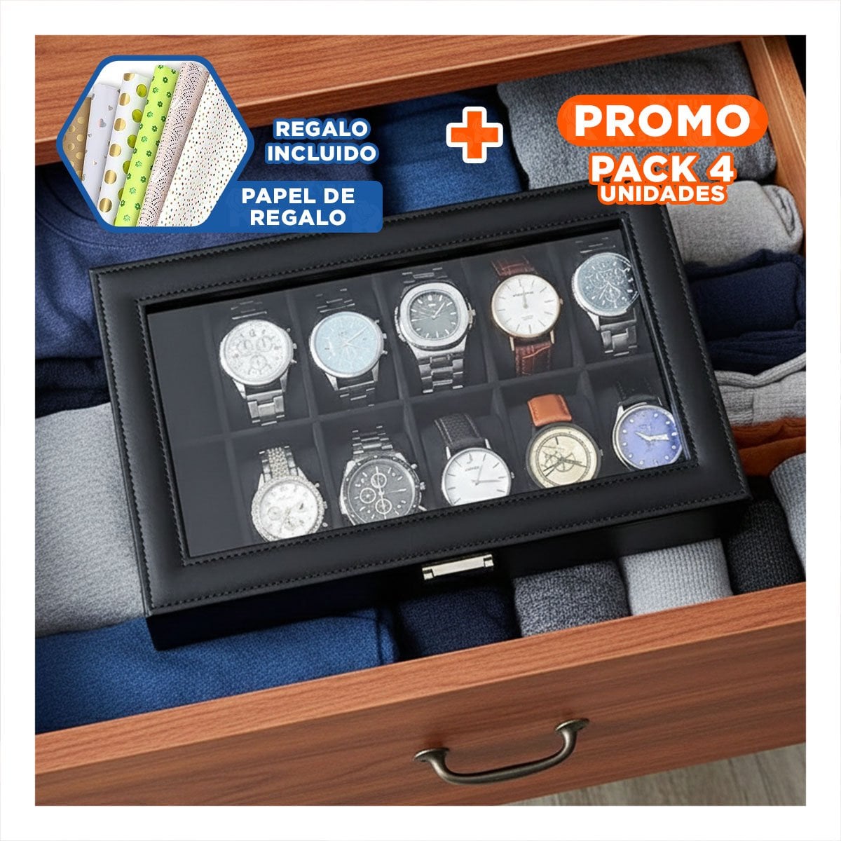 PACK4 ORGANIZADOR COMPLETO PARA 12 RELOJES NEGRO CON DIVISIONES Y+PAPEL REGALO - 1
