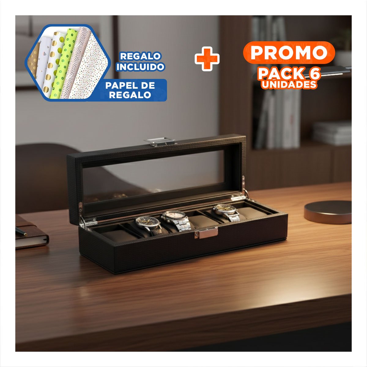 PACK6 CONTENEDOR ELEGANTE NEGRO PARA 6 RELOJES COMPLETO Y+PAPEL REGALO - 1
