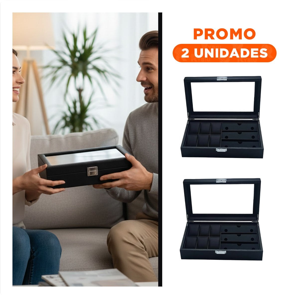 PACK2 ORGANIZADOR PARA 6 RELOJES Y 3 LENTES NEGRO COMPLETO CON DIVISIONES - 1