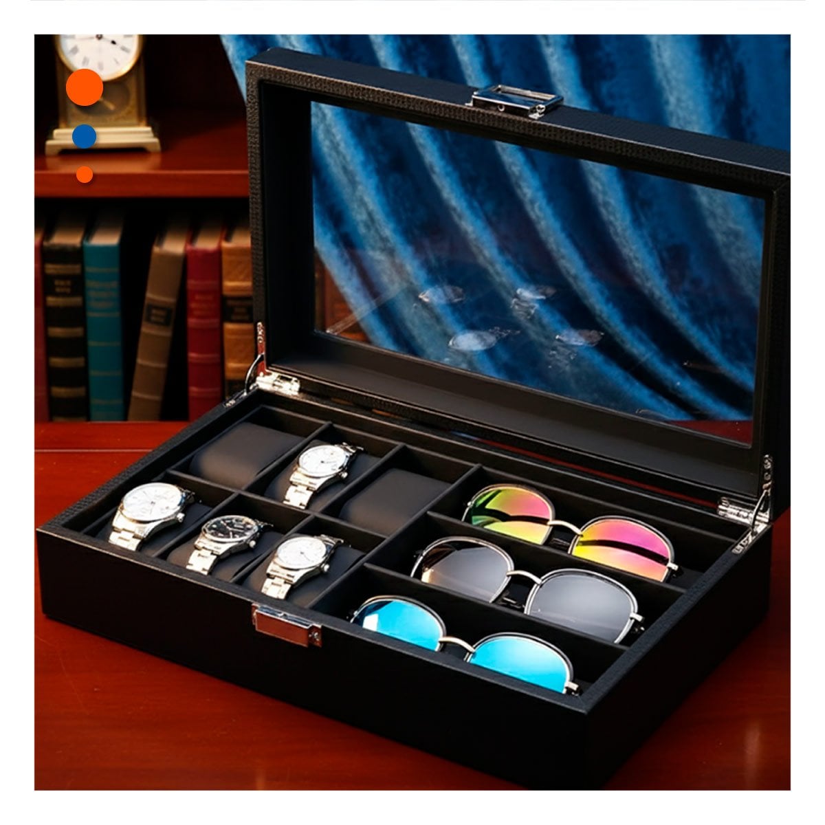 PACK2 ORGANIZADOR PARA 6 RELOJES Y 3 LENTES NEGRO COMPLETO CON DIVISIONES - 2