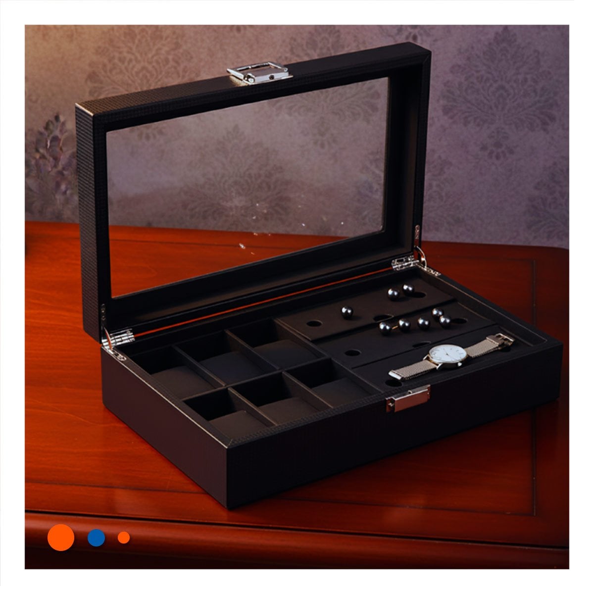 PACK2 ORGANIZADOR PARA 6 RELOJES Y 3 LENTES NEGRO COMPLETO CON DIVISIONES - 3