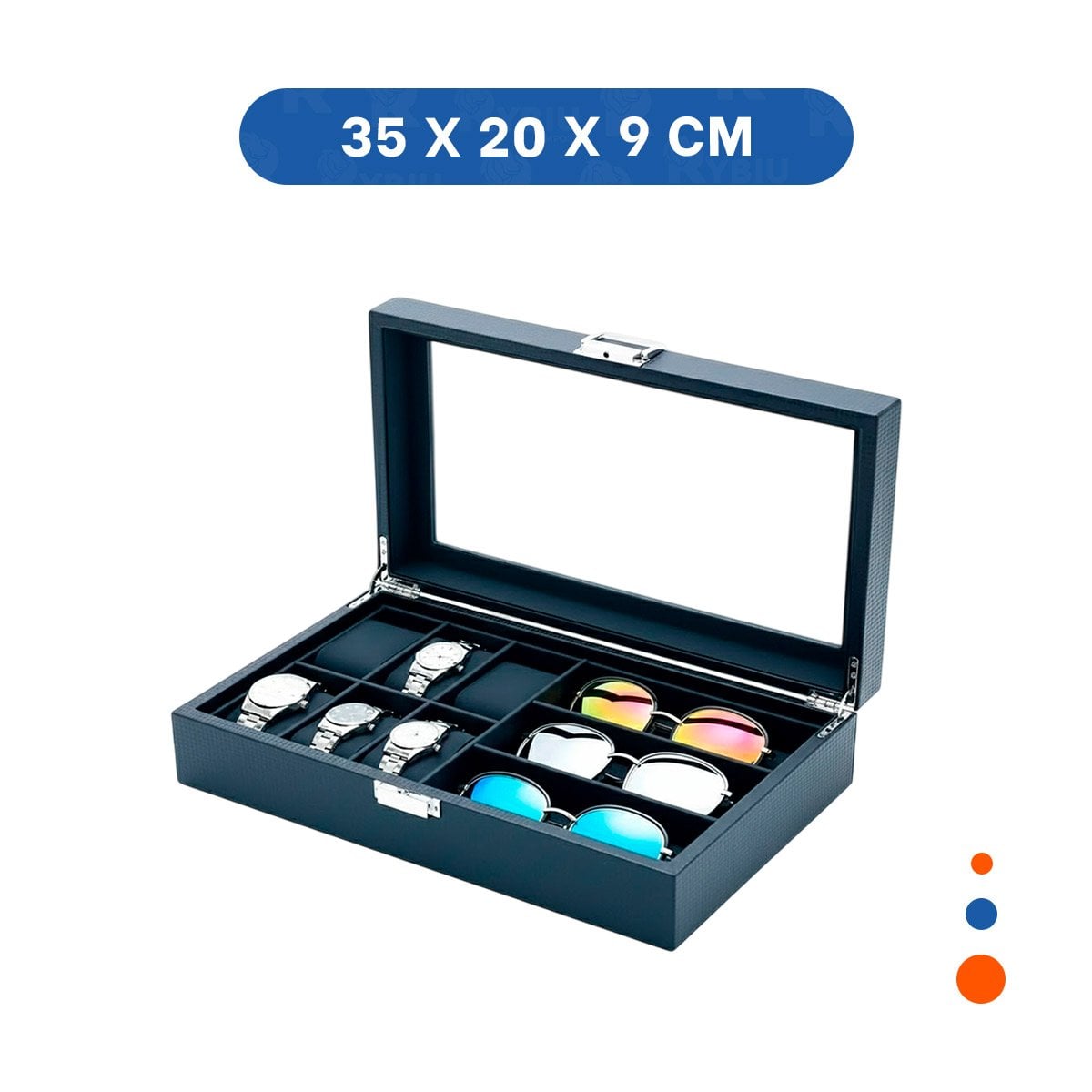 PACK2 ORGANIZADOR PARA 6 RELOJES Y 3 LENTES NEGRO COMPLETO CON DIVISIONES - 4