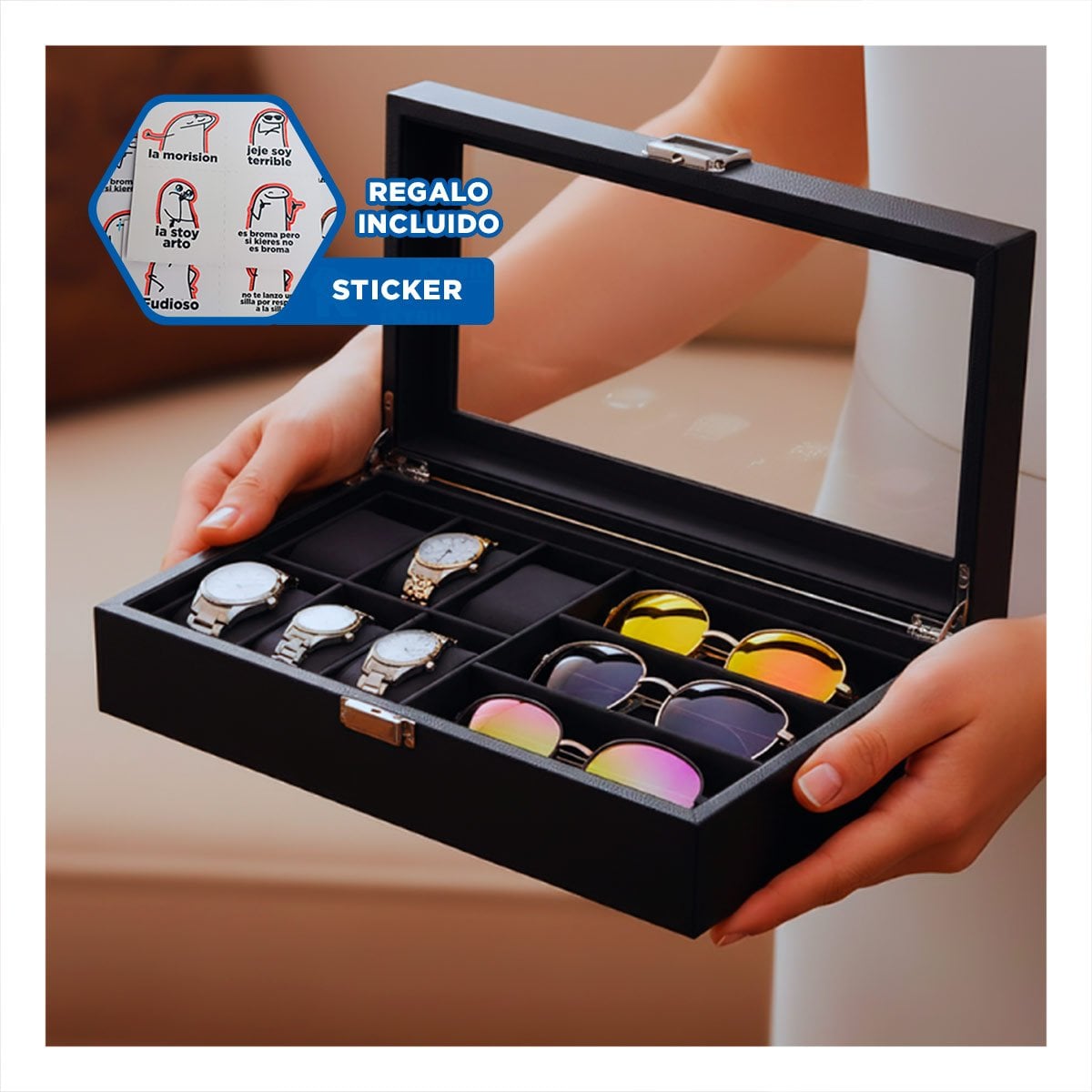 CAJA PORTA 6 RELOJES Y 3 LENTES NEGRO COMPLETO CON TAPA TRANSPARENTE Y+REGALO STICKER - 1