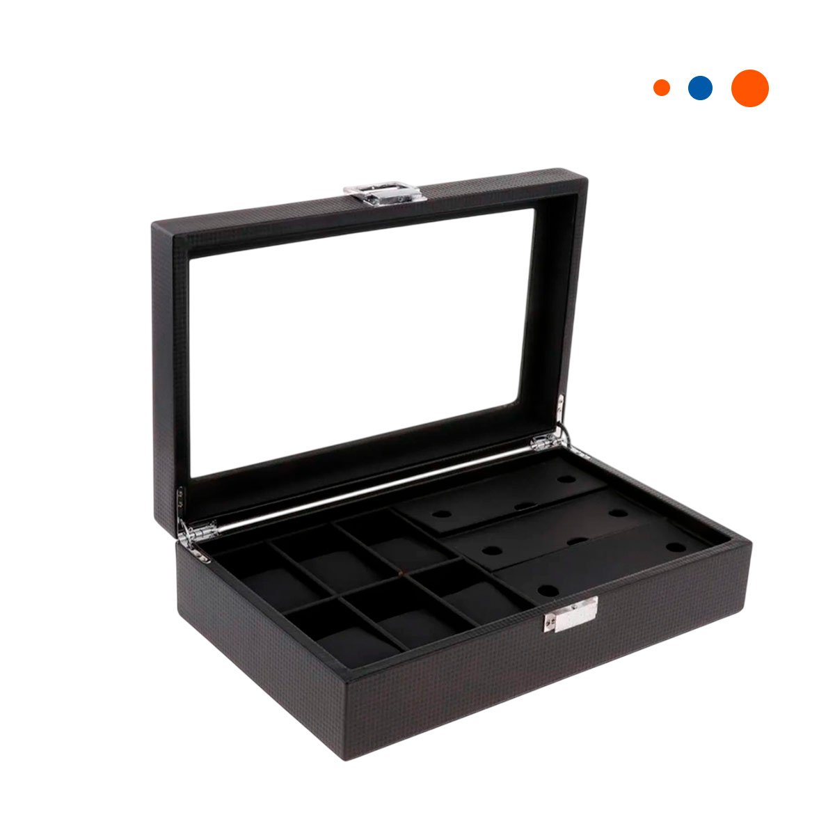 CAJA PORTA 6 RELOJES Y 3 LENTES NEGRO COMPLETO CON TAPA TRANSPARENTE Y+REGALO STICKER - 3
