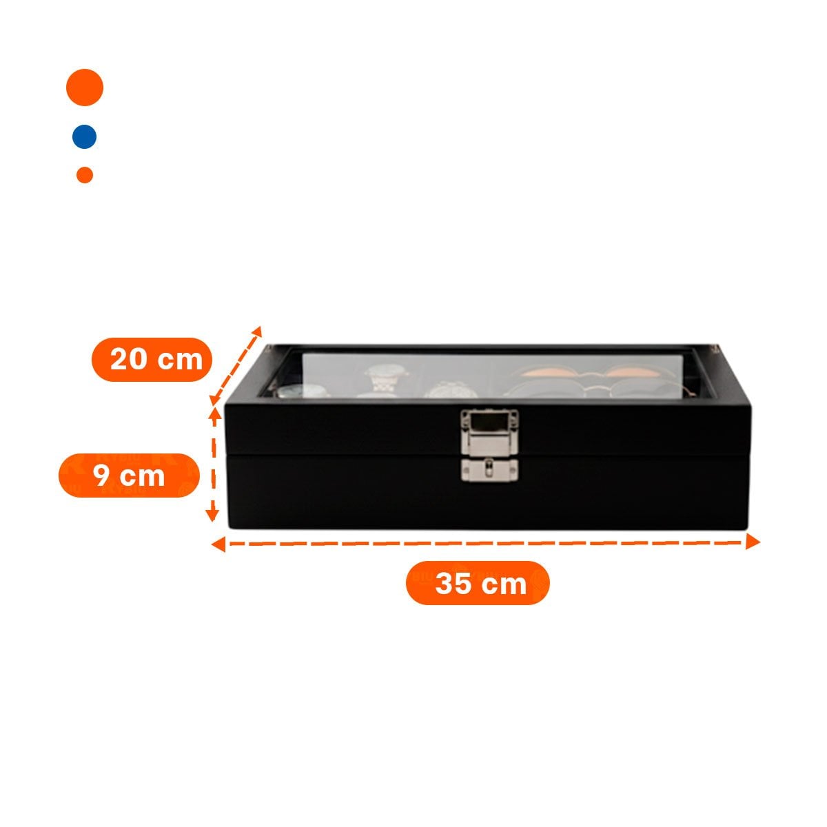 CAJA PORTA 6 RELOJES Y 3 LENTES NEGRO COMPLETO CON TAPA TRANSPARENTE Y+REGALO STICKER - 4