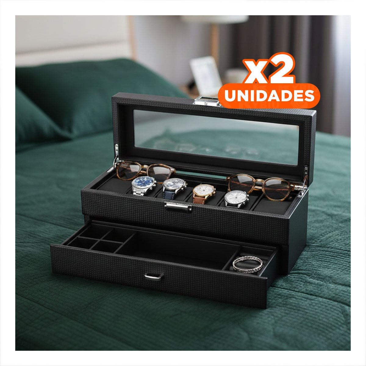 PACK2 CONTENEDOR PORTA RELOJES Y ACCESORIOS NEGRO 2 NIVELES COMPLETO Y+REGALO STICKER - 1