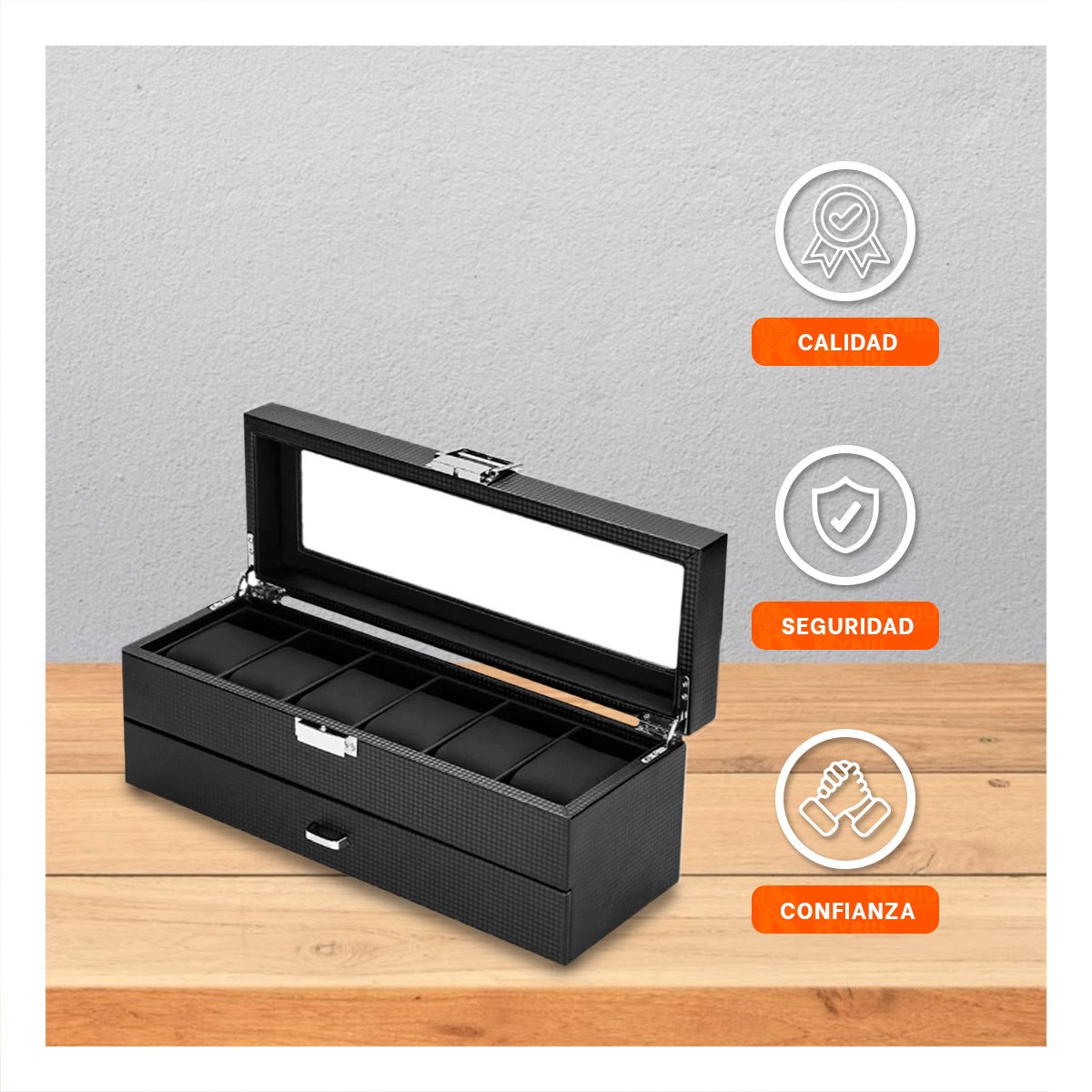 PACK2 CONTENEDOR PORTA RELOJES Y ACCESORIOS NEGRO 2 NIVELES COMPLETO Y+REGALO STICKER - 5
