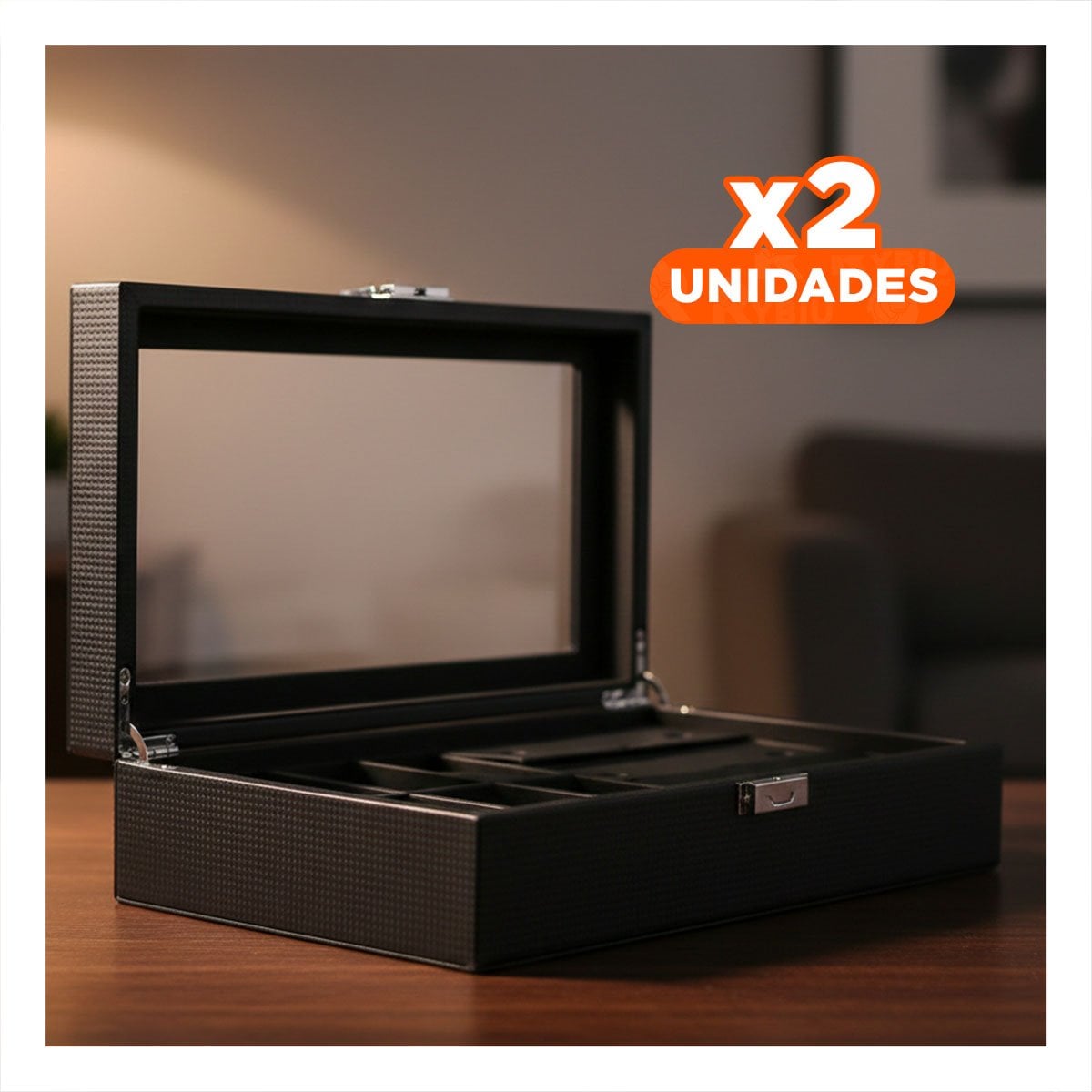 PACK2 CAJA PARA 6 RELOJES Y 3 LENTES NEGRO COMPLETO CON ACABADO MODERNO Y+REGALO STICKER - 1