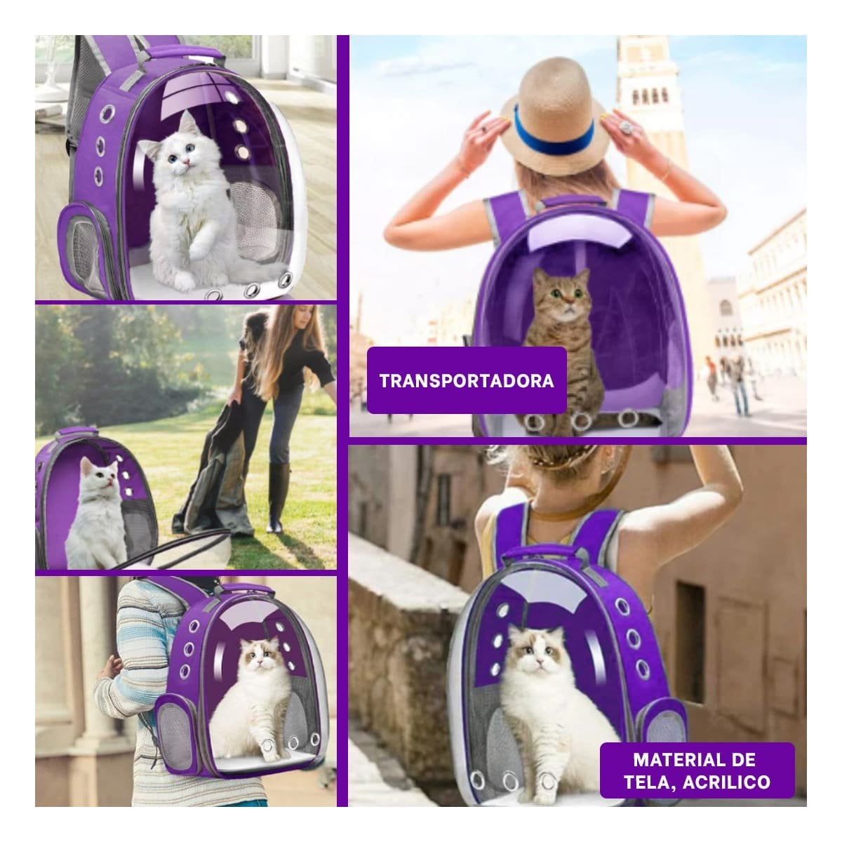 MOCHILA MODERNA PARA GATO EN MORADO CON BURBUJA EXPANDIBLE Y MATERIAL DURADERO Y+POST IT - 1