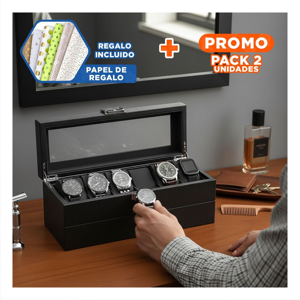 PACK2 PROTECTOR PORTA RELOJES Y ACCESORIOS NEGRO 2 NIVELES COMPLETO Y+PAPEL REGALO - 1
